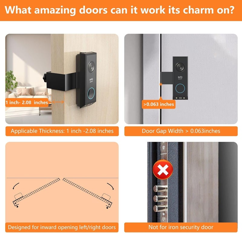 PEF Anti-Theft Door Mount for Eufy E340, No-Drill Adjustable Mounting Bracket with Eufy Doorbell E340, Not Blocking Doorbell Sensor, Apartment Door Bell Kits for Renters, Black - Image 2